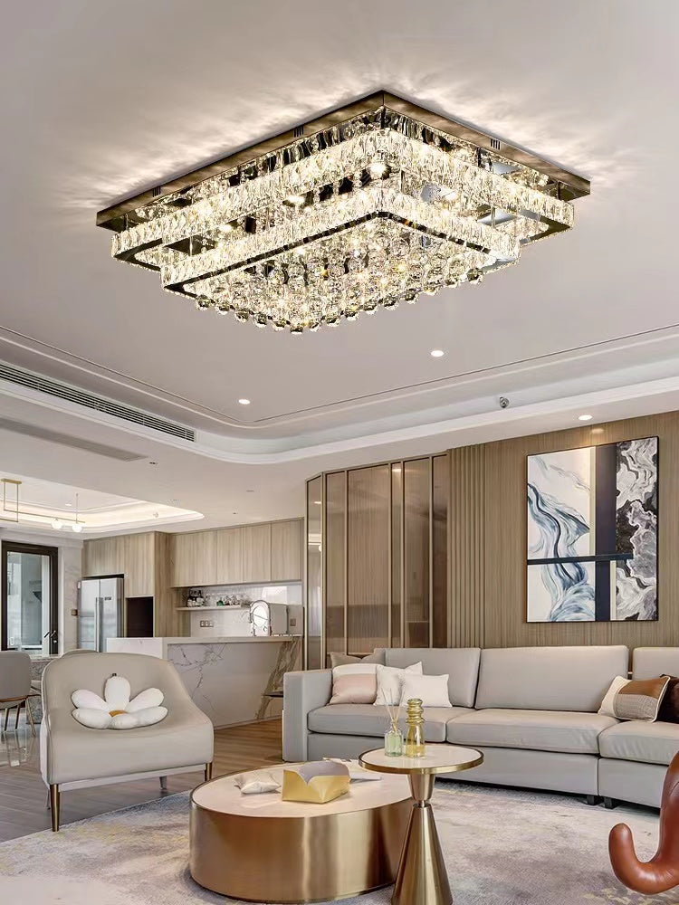 Extra Large Two Layers Rectangle Crystal Flush Mount Chandelier for Living Room/Bedroom