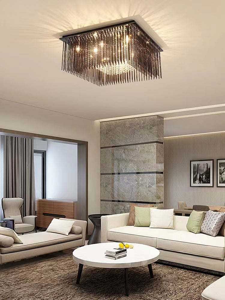 Modern Black Glass Tassel Crystal Pendant Flush Mount Chandelier for Living Room/Bedroom/Study