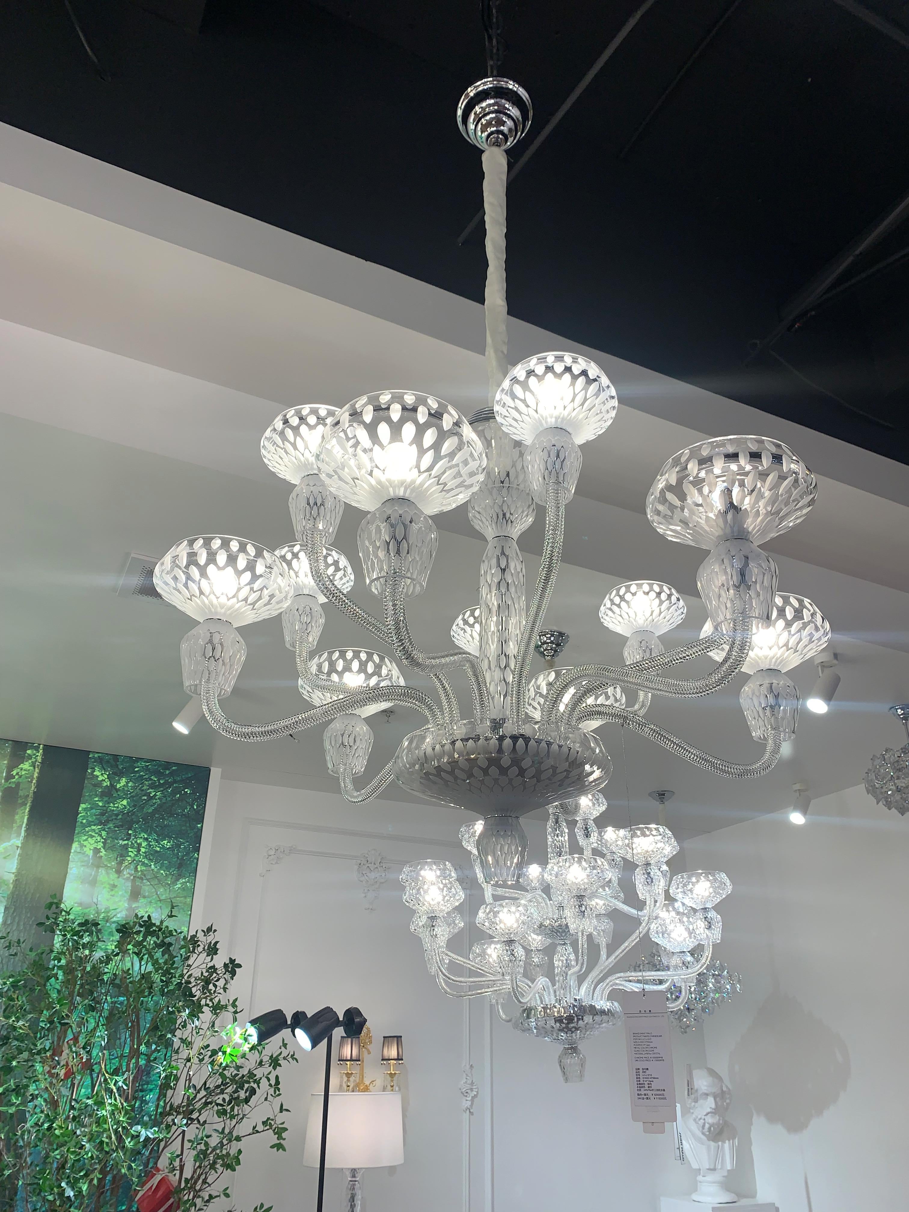 Luxury Hand-engraved Clear/Blue/Prune Crystal Chandelier