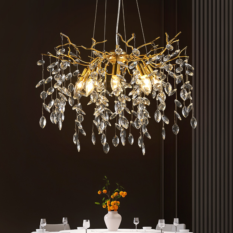 Riviko Veridian Bloom Crystal Branch Chandelier - dramatic American stairwell with soaring ceiling