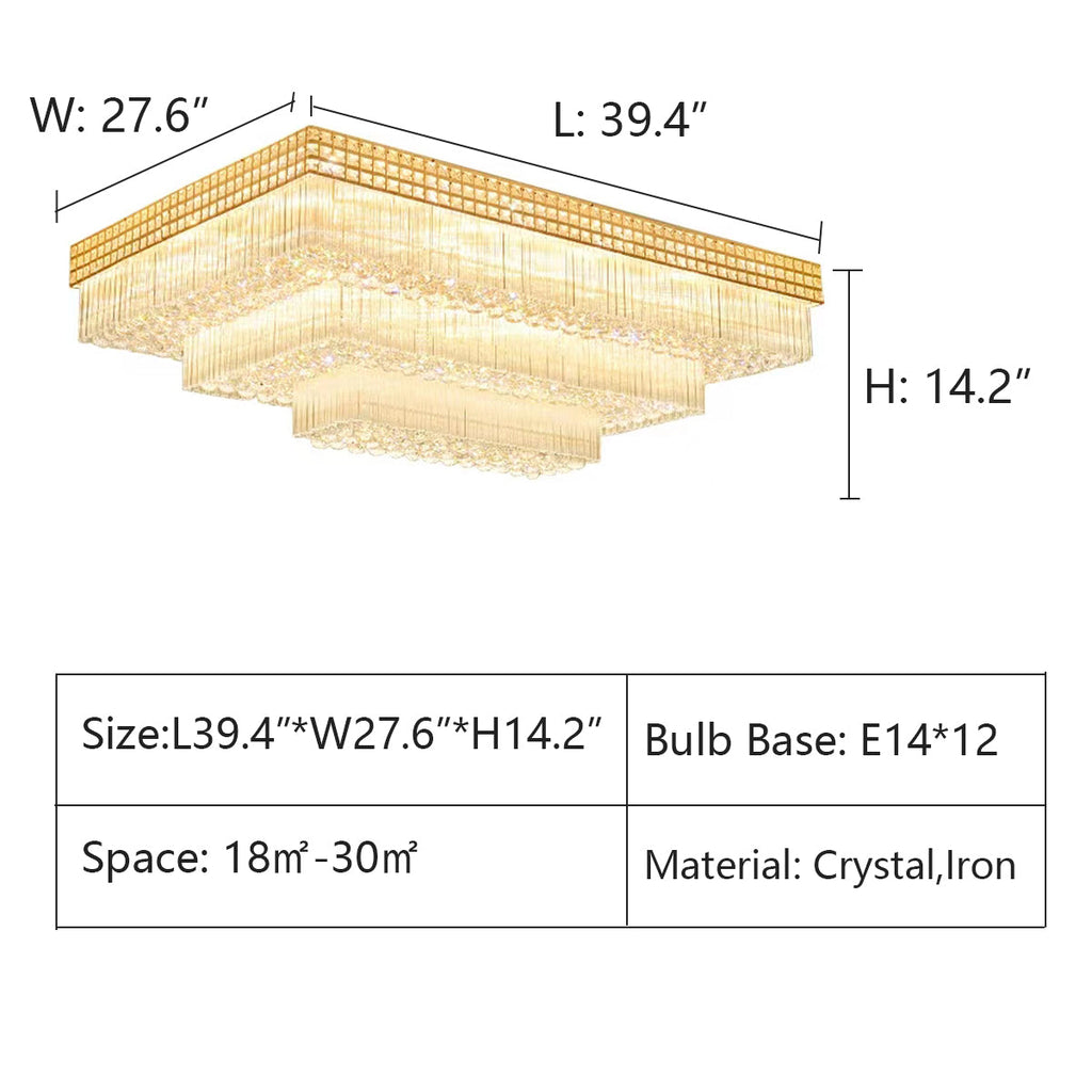 Extra Large Three Layers Rectangular Luxury Flush Mounted Crystal Chandelier for Living Room