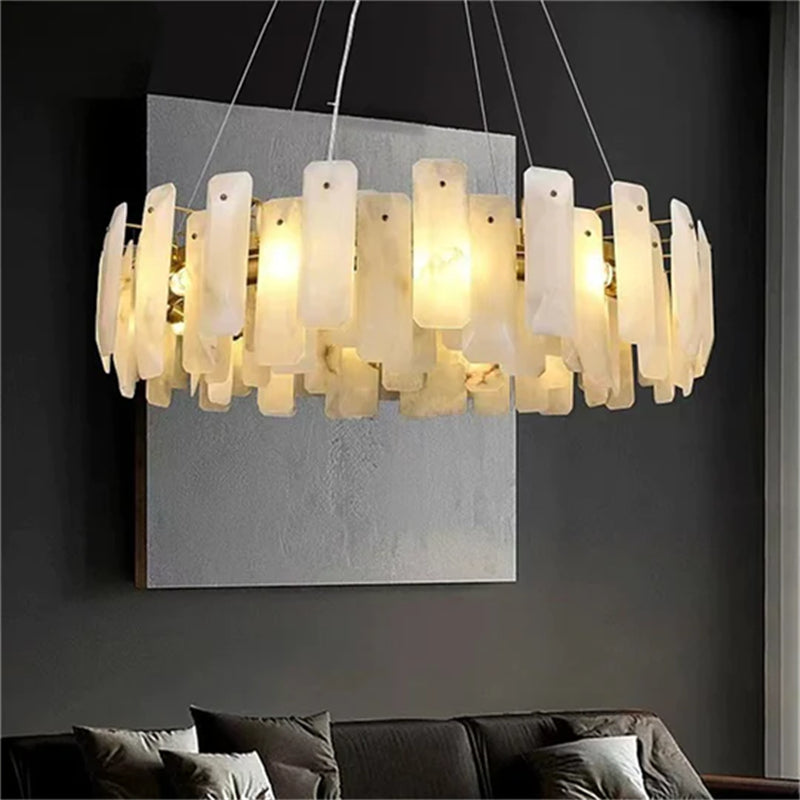 Carlos Modern Alabaster Round Chandelier, Real Alabaster Chandlier Over Dining Table chandelier Riviko