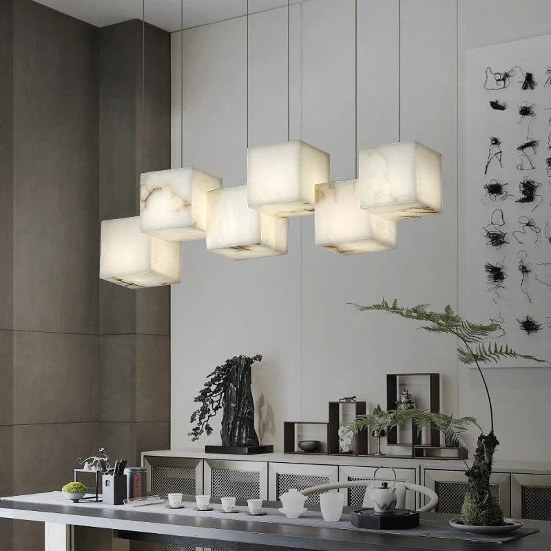 Vasilia Alabaster Cubic Pendant For Dining Table, Kitchen Island Pendant Chandeliers Riviko
