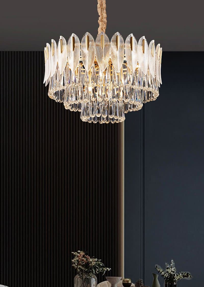 Postmodern luxury and full copper chandelier Three-tiered flake raindrop crystal