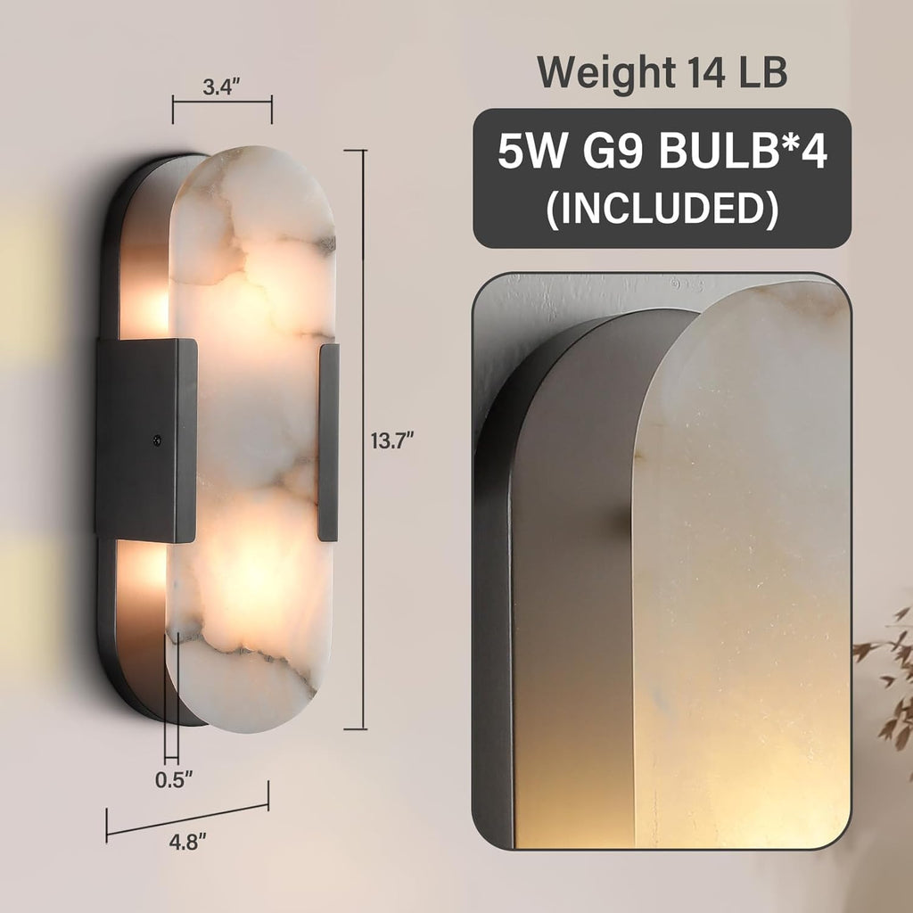 Black Alabaster Wall Sconces Set: Natural Marble Bedside Lighting Fixtures