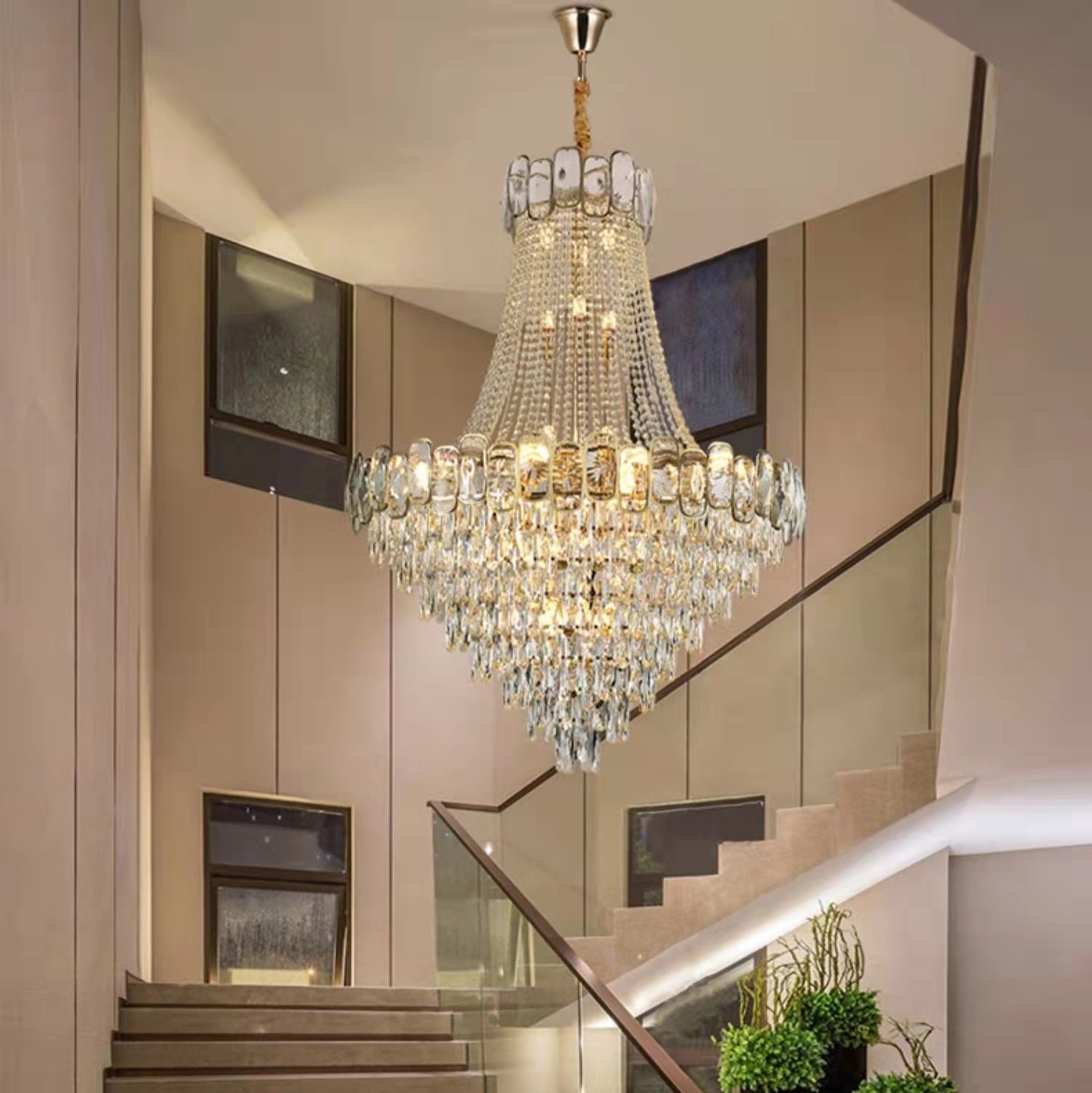 Riviko Grand Lumina K9 Crystal Round Chandelier - grand American foyer with two-story ceiling