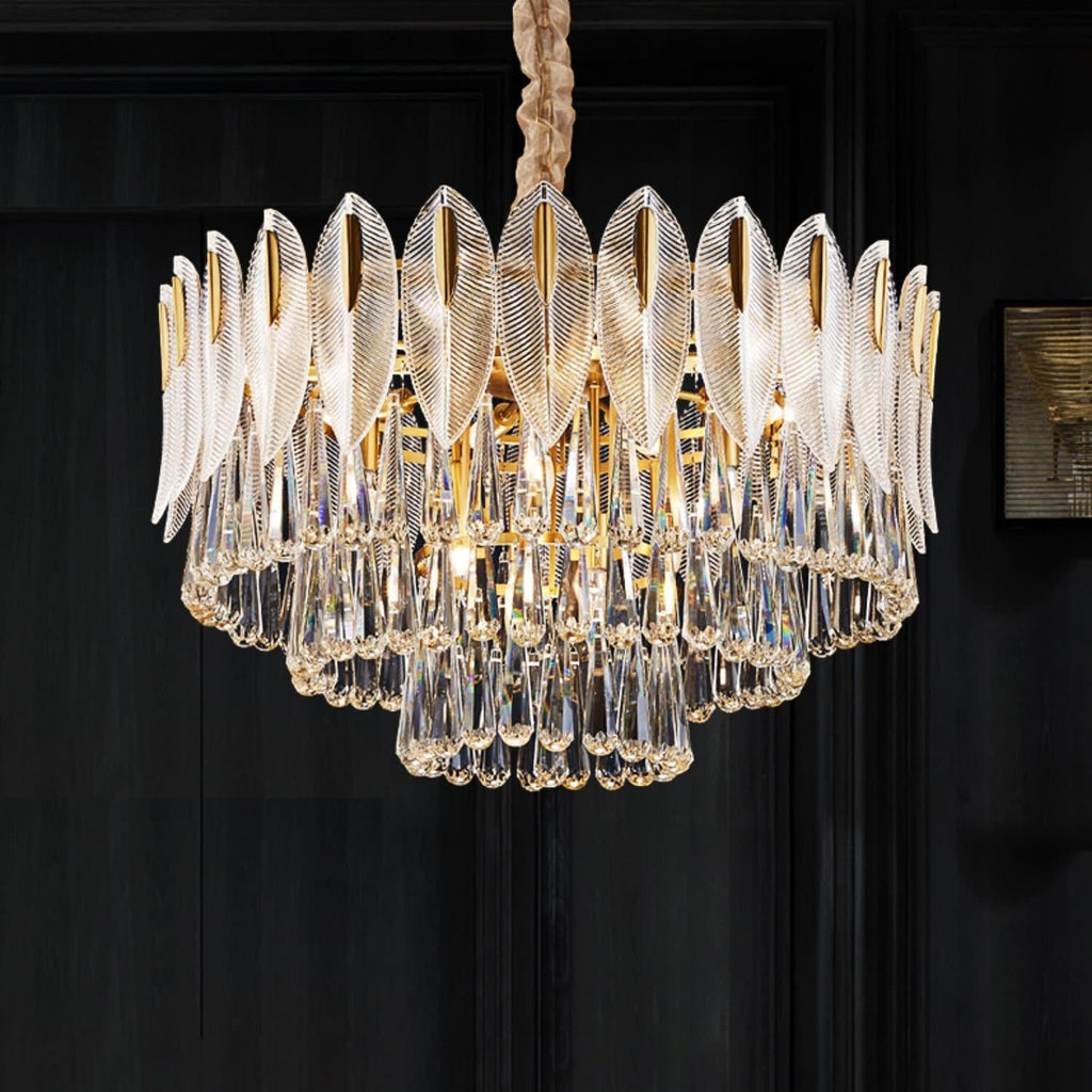 Postmodern luxury and full copper chandelier Three-tiered flake raindrop crystal
