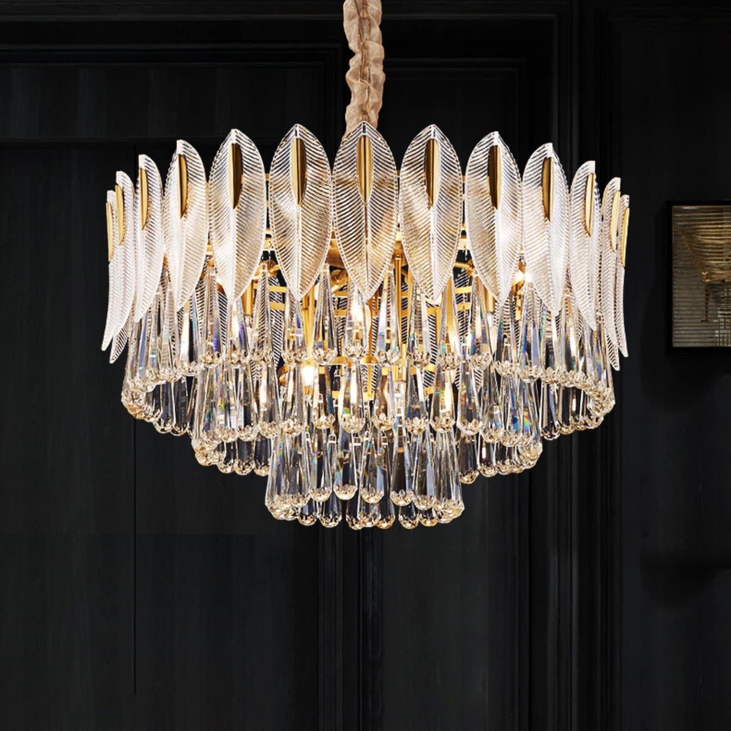 Postmodern luxury and full copper chandelier Three-tiered flake raindrop crystal