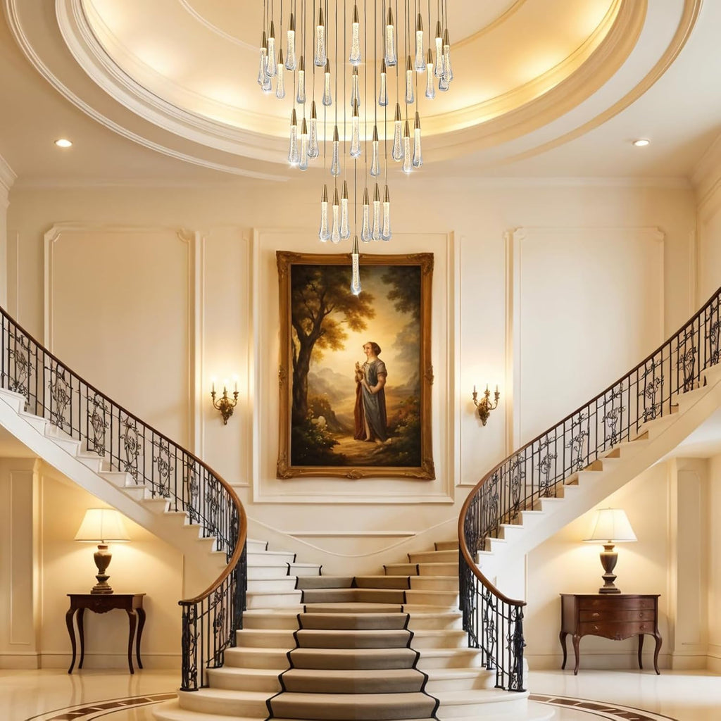34-Light Gold Chandeliers for High Ceilings, Large Raine Chandelier for Foyer, Entryway, Staircase, Luxury Long Big Hanging Light Fixtures with Glass, Brass Pendant Light Fixtures Living Room