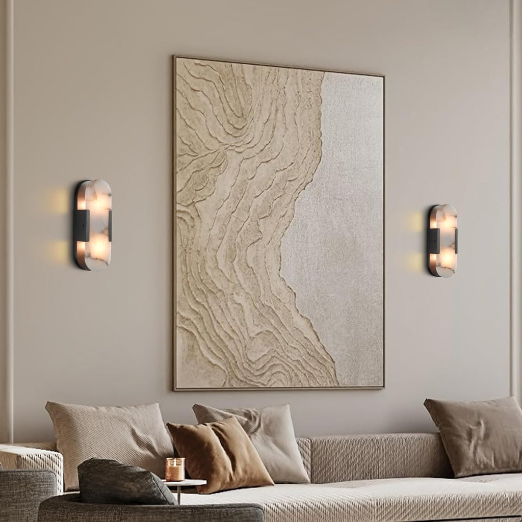 Black Alabaster Wall Sconces Set: Natural Marble Bedside Lighting Fixtures