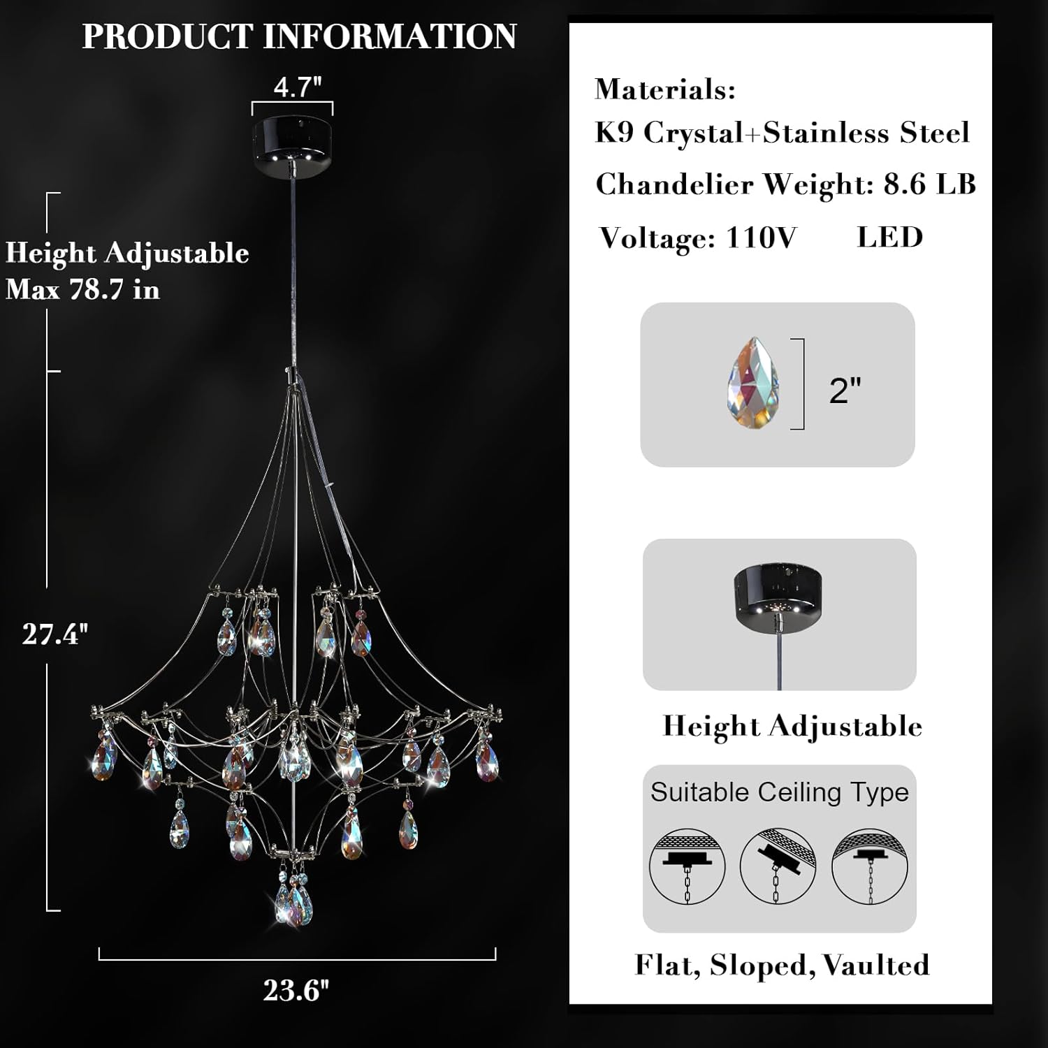 Silver Crystal Round Chandelier 23.6" Modern Luxury Raine Light