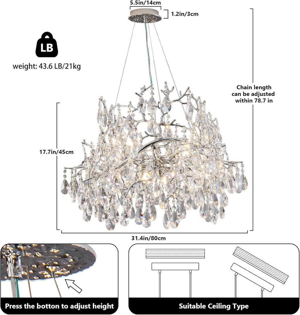 Crystal Chandelier for Dining Room, 31.5" Modern Silver Tree Branch Chandelier