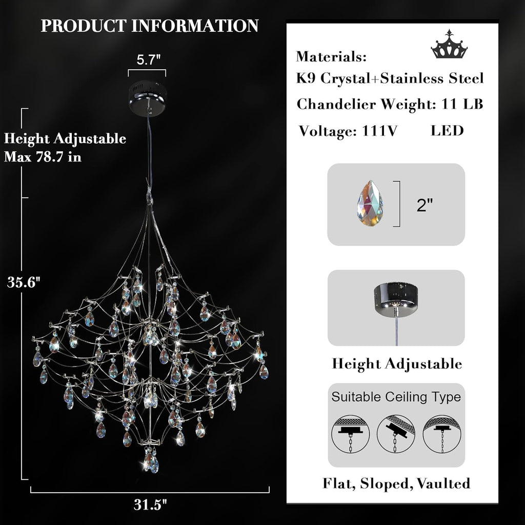 Silver 31.5" Round Crystal Raine Chandelier for Modern Homes