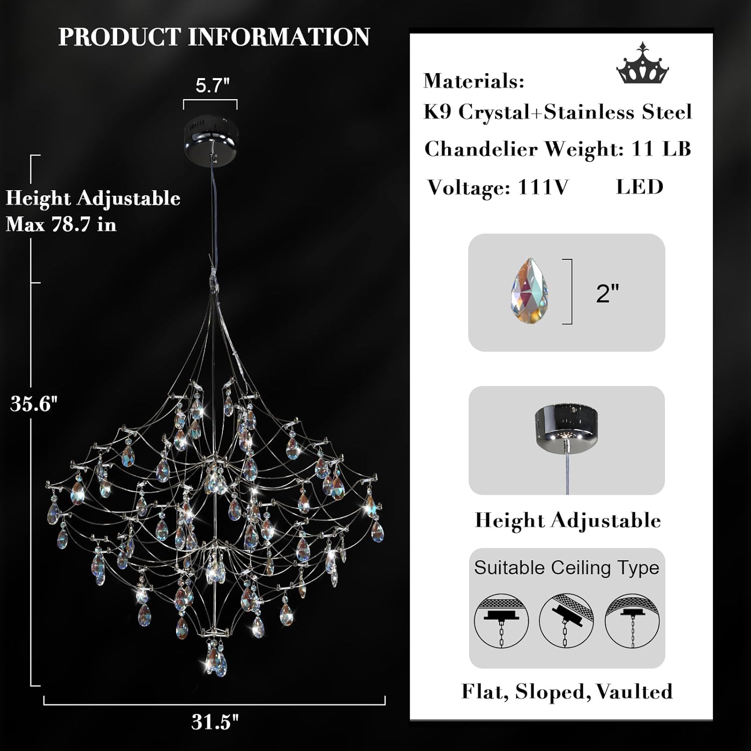 Silver 31.5" Round Crystal Raine Chandelier for Modern Homes