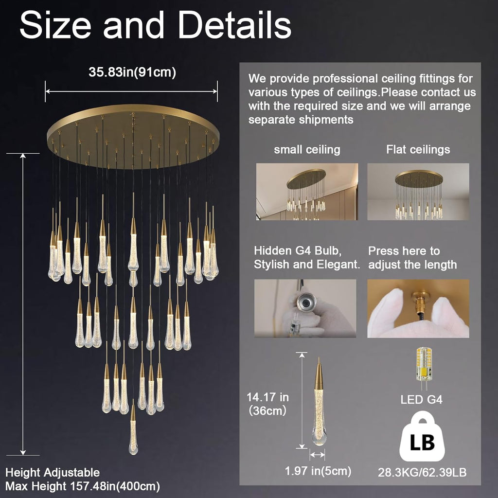 34-Light Gold Chandeliers for High Ceilings, Large Raine Chandelier for Foyer, Entryway, Staircase, Luxury Long Big Hanging Light Fixtures with Glass, Brass Pendant Light Fixtures Living Room