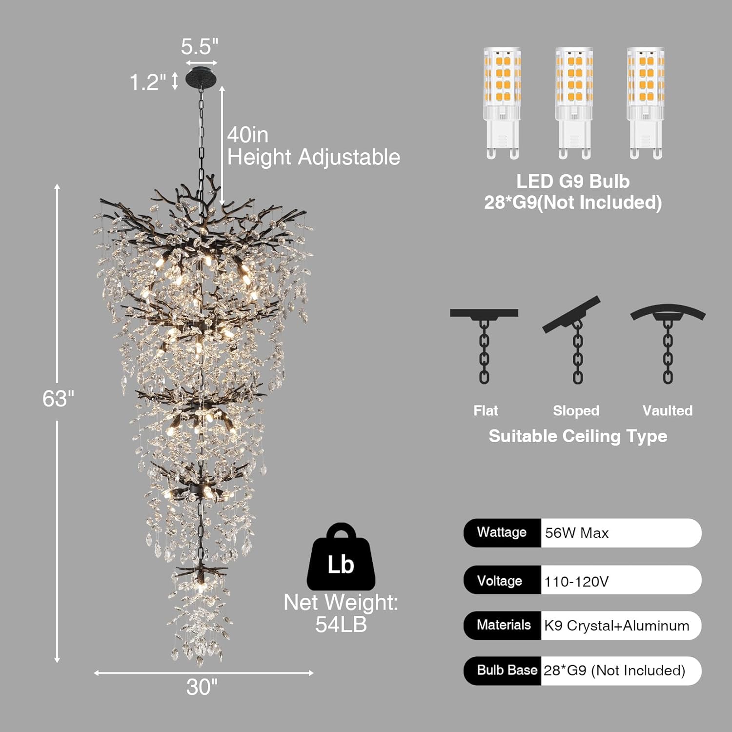 63" Long Crystal Chandelier for High Ceiling, 28-Light Black Tree Branch Chandelier, Modern Large Chandeliers for Staircase, Foyer, Entryway, Living Room, 5-Tier Luxury K9 Raine Light Fixture