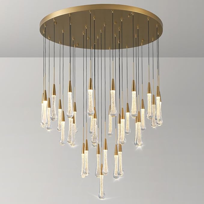 34-Light Gold Chandeliers for High Ceilings, Large Raine Chandelier for Foyer, Entryway, Staircase, Luxury Long Big Hanging Light Fixtures with Glass, Brass Pendant Light Fixtures Living Room