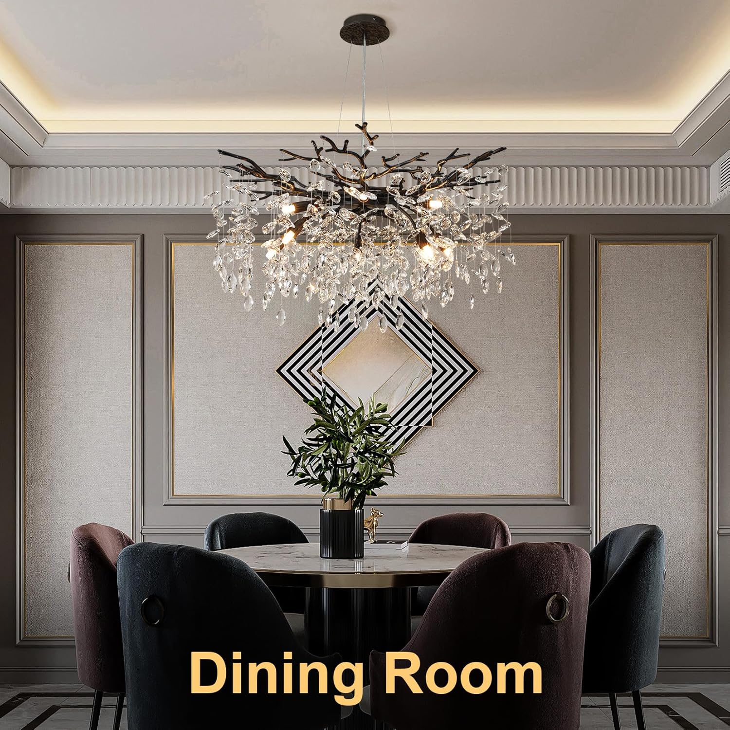 30" Black Crystal Chandelier, 10-Light Tree Branch Chandelier for Dining Room, Luxury Round K9 Crystal Raine Chandeliers Light Fixture for Living Room Foyer Entryway Bedroom Kitchen