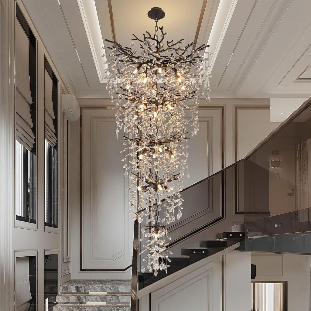 63" Long Crystal Chandelier for High Ceiling, 28-Light Black Tree Branch Chandelier, Modern Large Chandeliers for Staircase, Foyer, Entryway, Living Room, 5-Tier Luxury K9 Raine Light Fixture