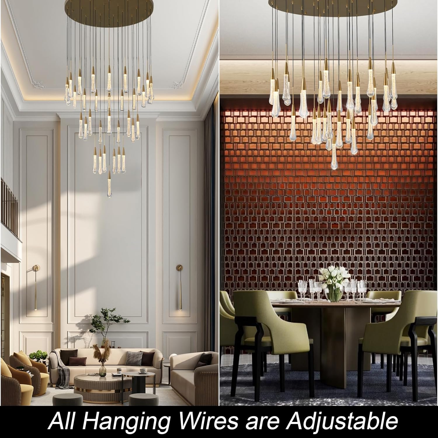 34-Light Gold Chandeliers for High Ceilings, Large Raine Chandelier for Foyer, Entryway, Staircase, Luxury Long Big Hanging Light Fixtures with Glass, Brass Pendant Light Fixtures Living Room