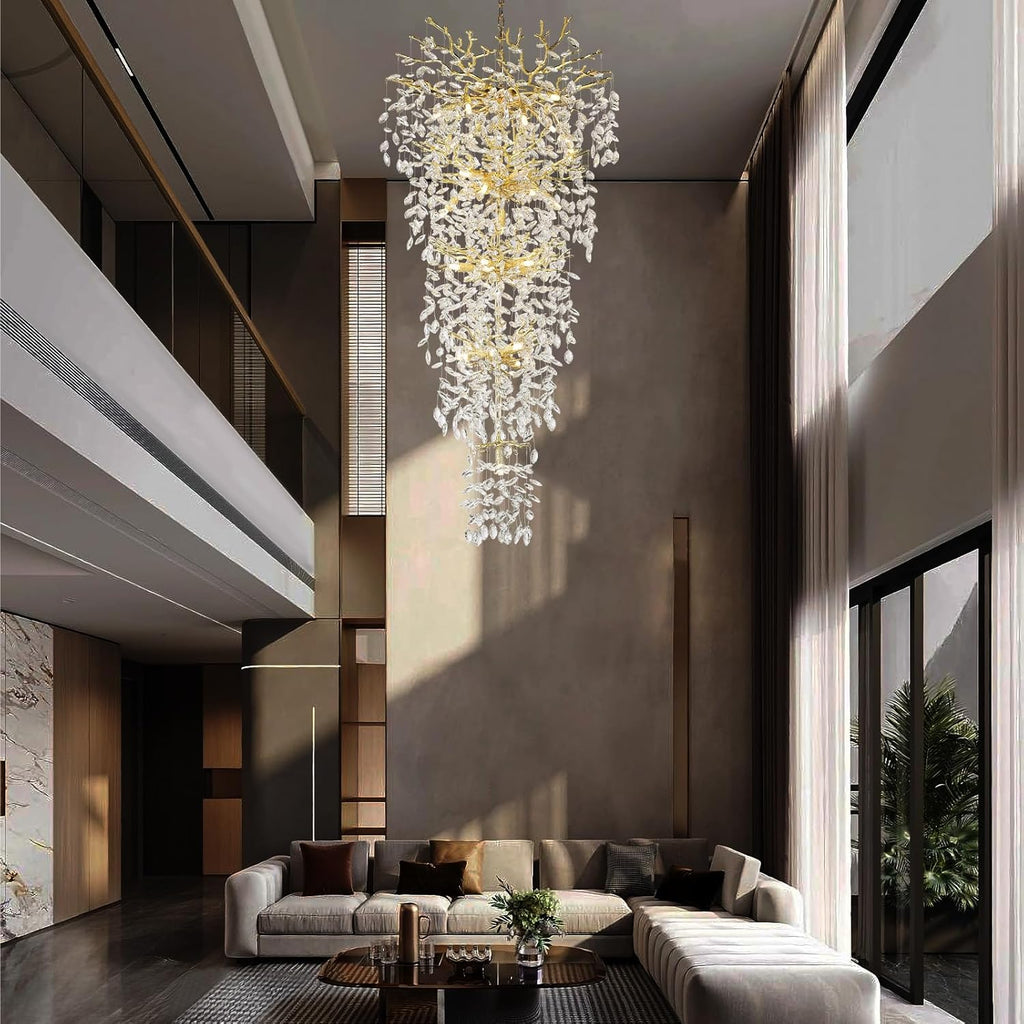 63'' Long Crystal Chandelier for High Ceiling, 28-Light Modern Gold Tree Branch Chandelier, Large Chandeliers for Foyer Entryway Staircase Living Room, 5-Tier Luxury K9 Crystal Raine Light Fixture