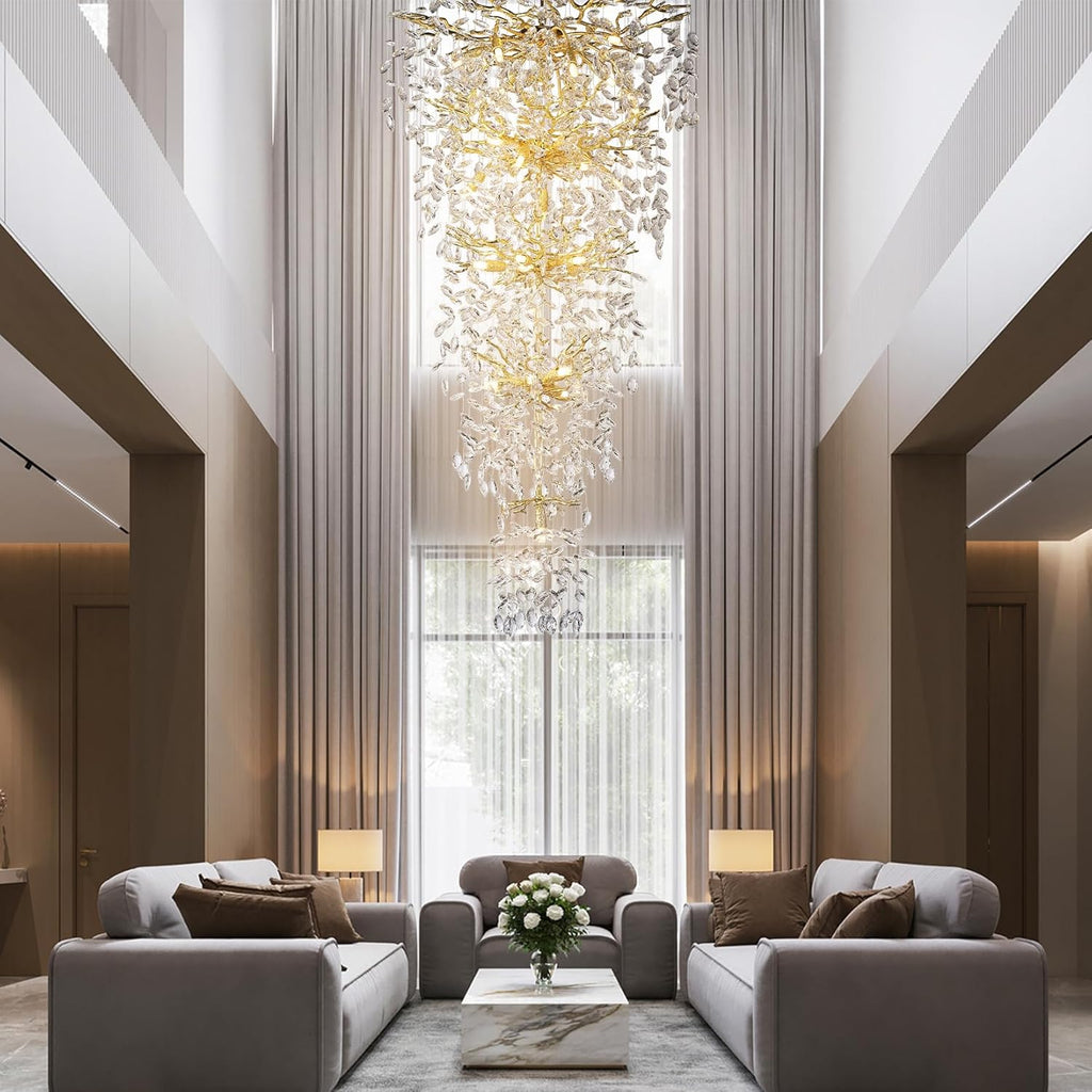63'' Long Crystal Chandelier for High Ceiling, 28-Light Modern Gold Tree Branch Chandelier, Large Chandeliers for Foyer Entryway Staircase Living Room, 5-Tier Luxury K9 Crystal Raine Light Fixture