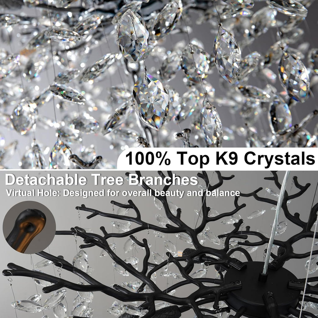 30" Black Crystal Chandelier, 10-Light Tree Branch Chandelier for Dining Room, Luxury Round K9 Crystal Raine Chandeliers Light Fixture for Living Room Foyer Entryway Bedroom Kitchen