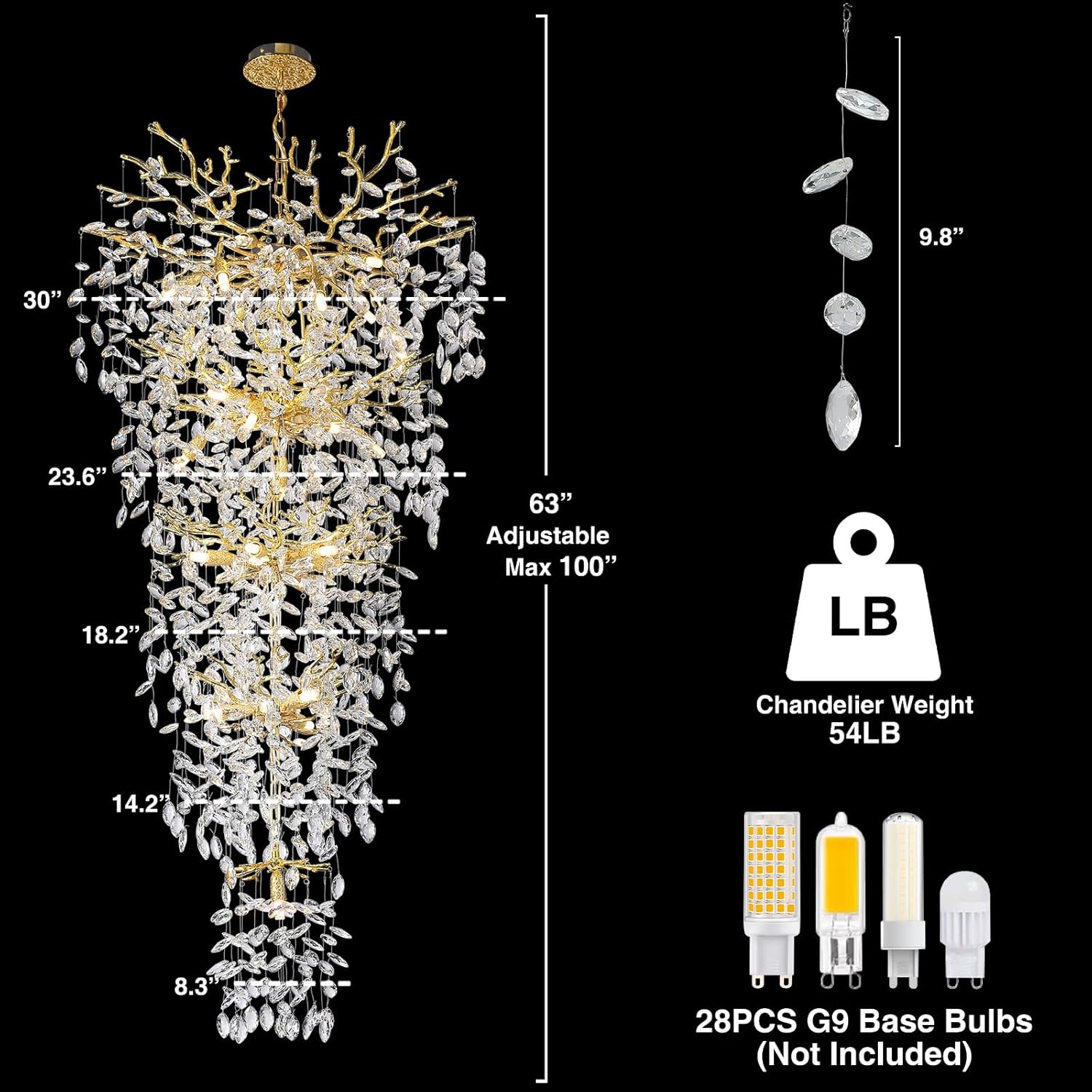 63'' Long Crystal Modern Gold Tree Branch Chandelier