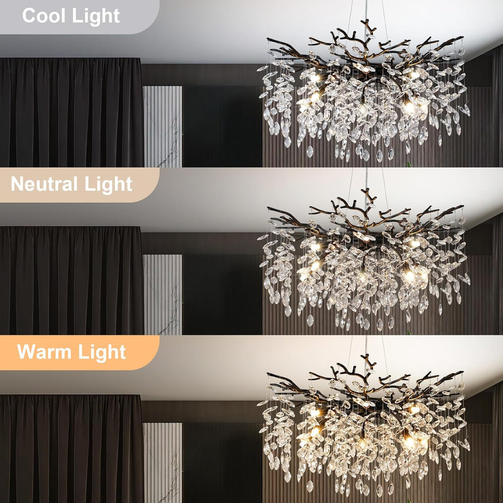 30" Black Crystal Chandelier, 10-Light Tree Branch Chandelier for Dining Room, Luxury Round K9 Crystal Raine Chandeliers Light Fixture for Living Room Foyer Entryway Bedroom Kitchen