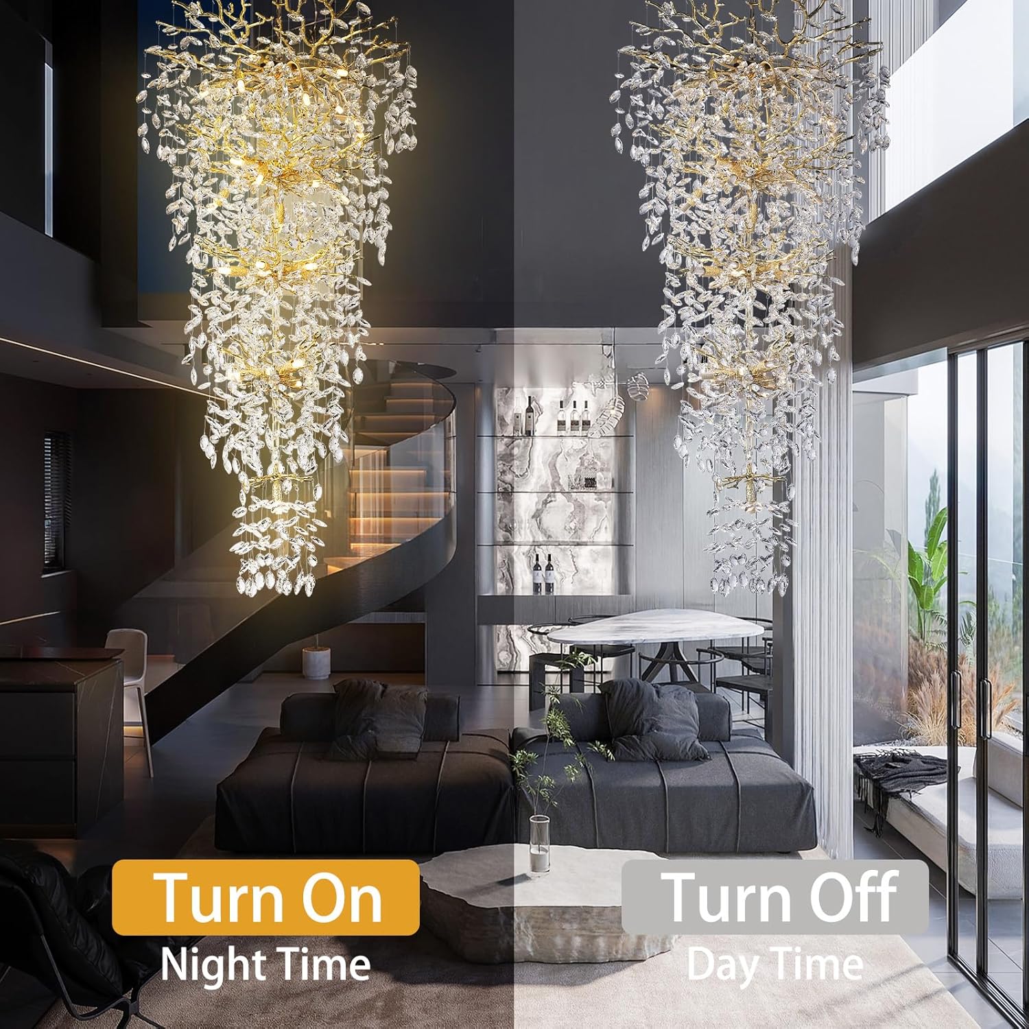 63'' Long Crystal Chandelier for High Ceiling, 28-Light Modern Gold Tree Branch Chandelier, Large Chandeliers for Foyer Entryway Staircase Living Room, 5-Tier Luxury K9 Crystal Raine Light Fixture