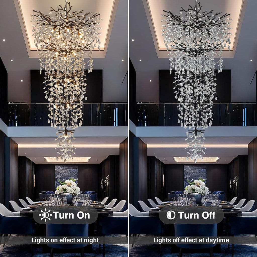 63" Long Crystal Chandelier for High Ceiling, 28-Light Black Tree Branch Chandelier, Modern Large Chandeliers for Staircase, Foyer, Entryway, Living Room, 5-Tier Luxury K9 Raine Light Fixture