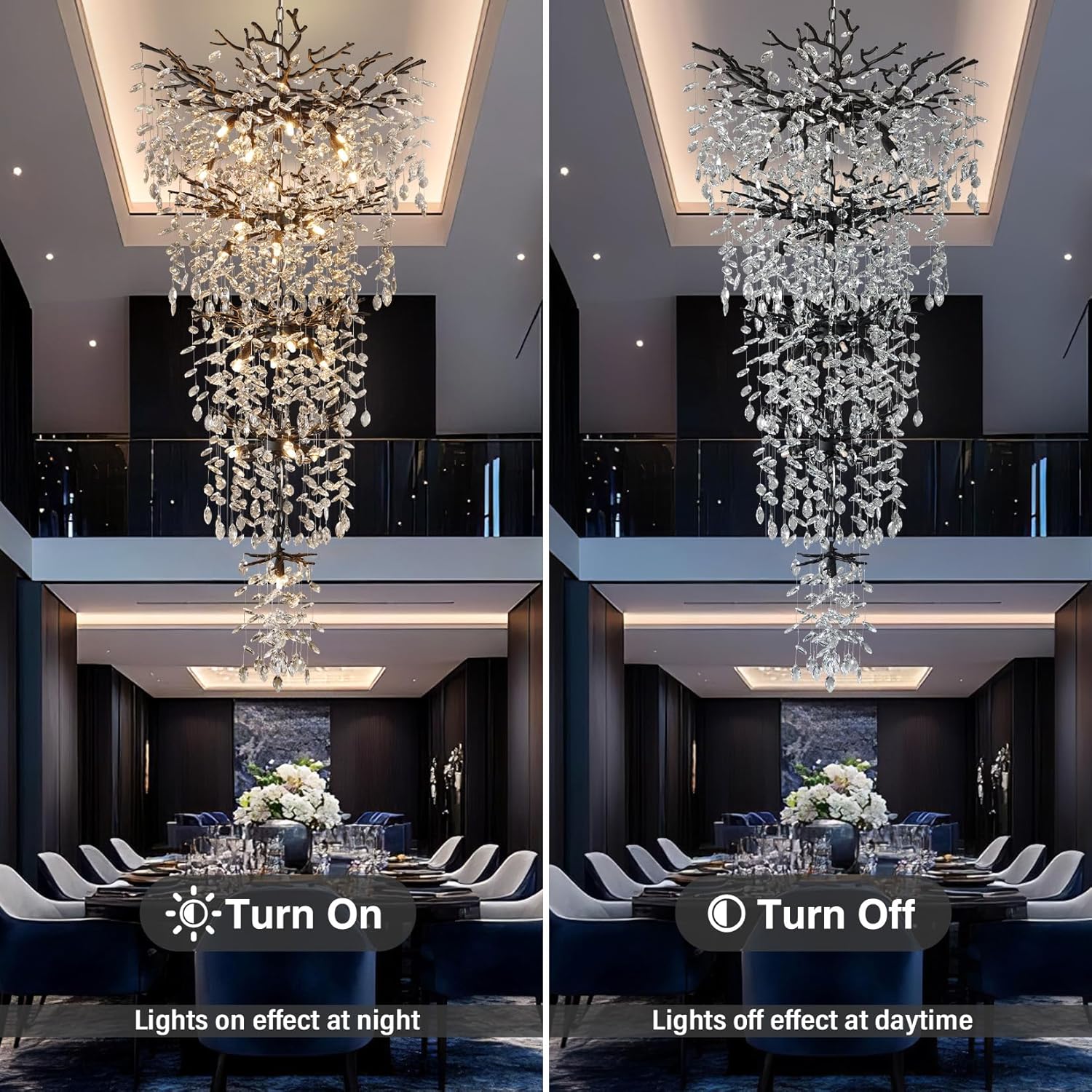 63" Long Crystal Chandelier for High Ceiling, 28-Light Black Tree Branch Chandelier, Modern Large Chandeliers for Staircase, Foyer, Entryway, Living Room, 5-Tier Luxury K9 Raine Light Fixture