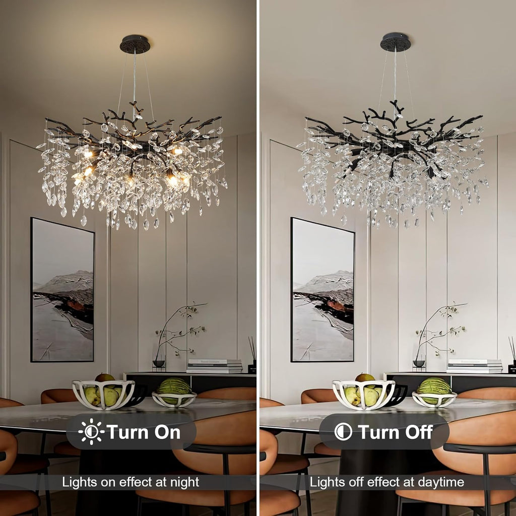 30" Black Crystal Chandelier, 10-Light Tree Branch Chandelier for Dining Room, Luxury Round K9 Crystal Raine Chandeliers Light Fixture for Living Room Foyer Entryway Bedroom Kitchen