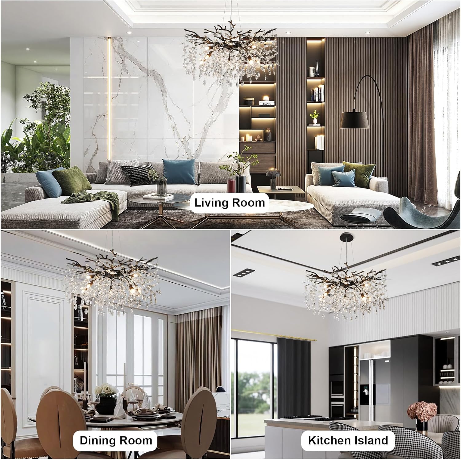 30" Black Crystal Chandelier, 10-Light Tree Branch Chandelier for Dining Room, Luxury Round K9 Crystal Raine Chandeliers Light Fixture for Living Room Foyer Entryway Bedroom Kitchen