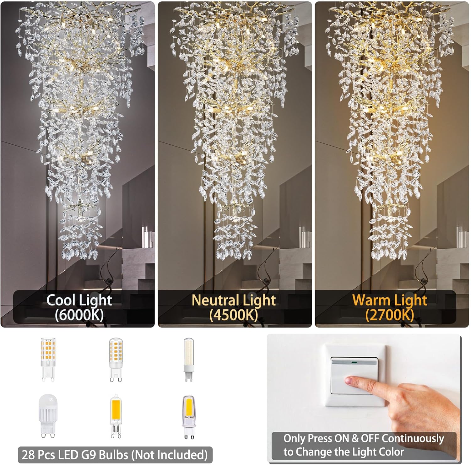 63'' Long Crystal Chandelier for High Ceiling, 28-Light Modern Gold Tree Branch Chandelier, Large Chandeliers for Foyer Entryway Staircase Living Room, 5-Tier Luxury K9 Crystal Raine Light Fixture