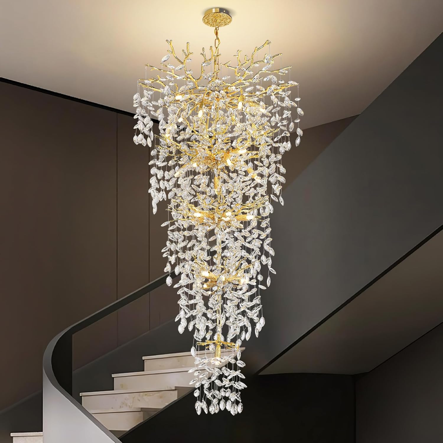 63'' Long Crystal Chandelier for High Ceiling, 28-Light Modern Gold Tree Branch Chandelier, Large Chandeliers for Foyer Entryway Staircase Living Room, 5-Tier Luxury K9 Crystal Raine Light Fixture