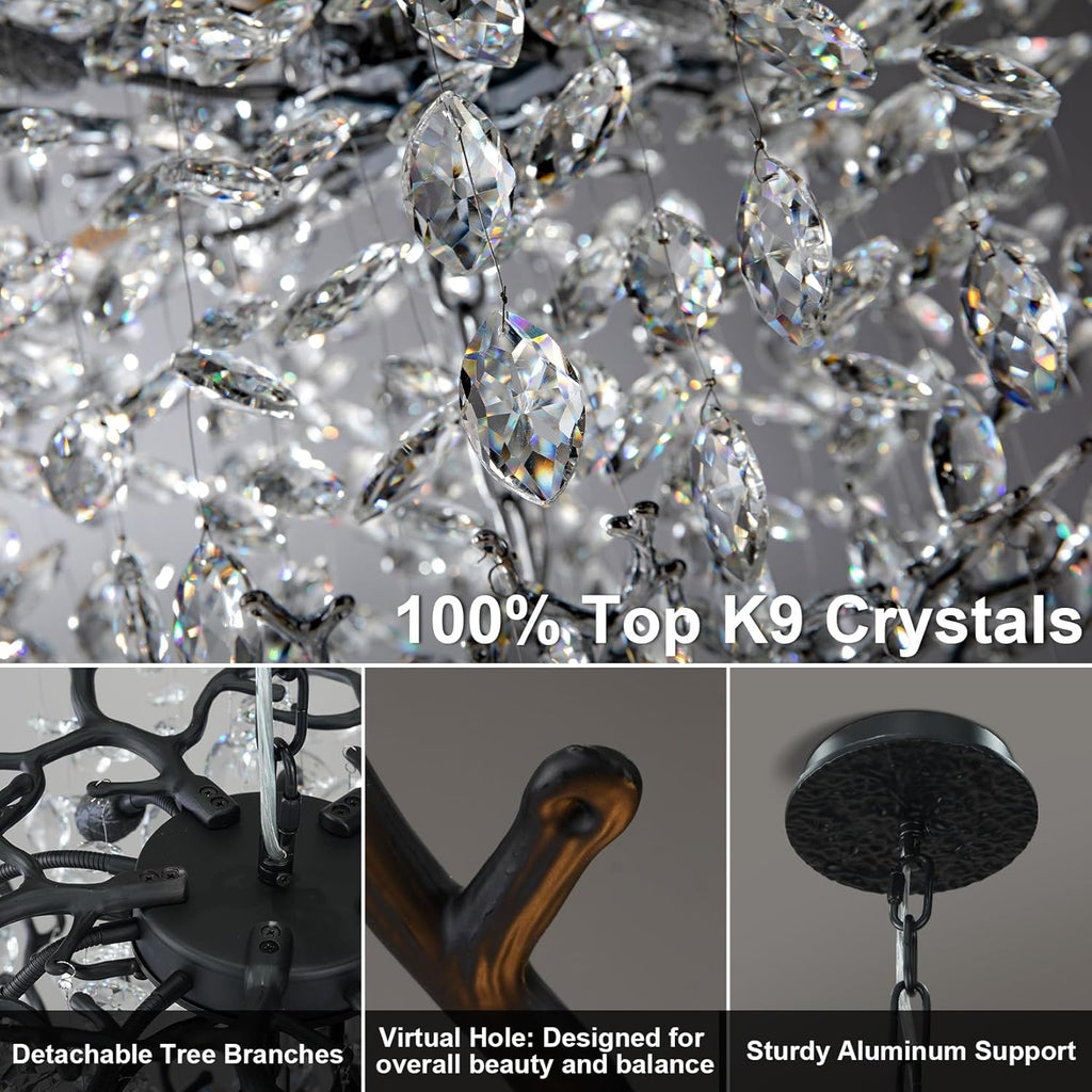 63" Long Crystal Chandelier for High Ceiling, 28-Light Black Tree Branch Chandelier, Modern Large Chandeliers for Staircase, Foyer, Entryway, Living Room, 5-Tier Luxury K9 Raine Light Fixture