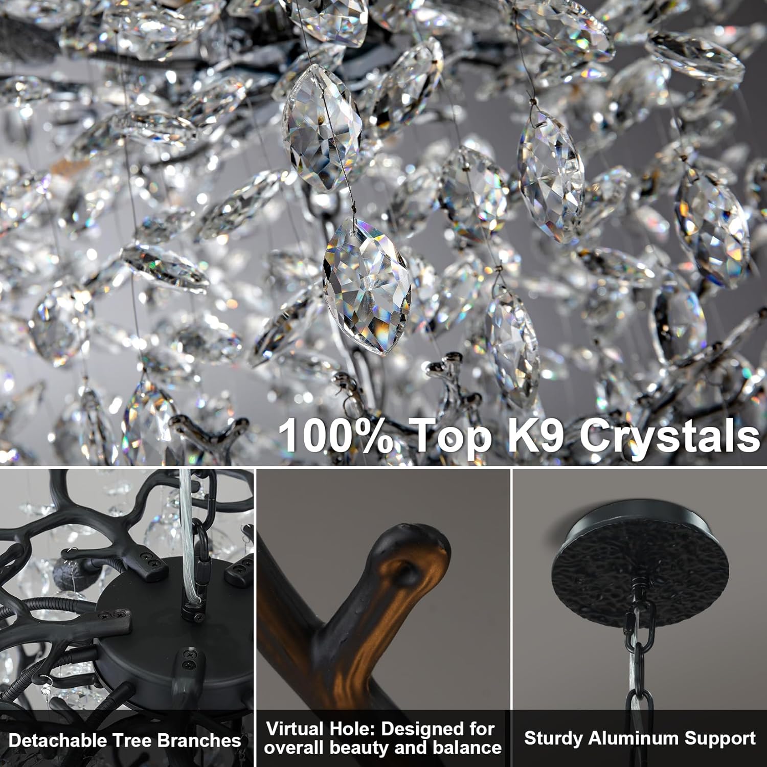 63" Long Crystal Chandelier for High Ceiling, 28-Light Black Tree Branch Chandelier, Modern Large Chandeliers for Staircase, Foyer, Entryway, Living Room, 5-Tier Luxury K9 Raine Light Fixture