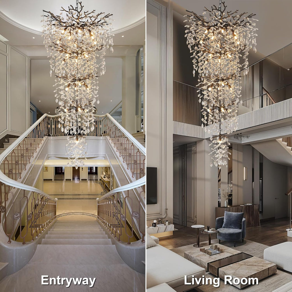 63" Long Crystal Chandelier for High Ceiling, 28-Light Black Tree Branch Chandelier, Modern Large Chandeliers for Staircase, Foyer, Entryway, Living Room, 5-Tier Luxury K9 Raine Light Fixture