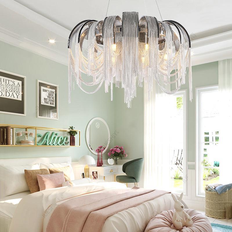 Riviko Alisa Cascade Round Chandelier - American transitional great room with cathedral ceiling