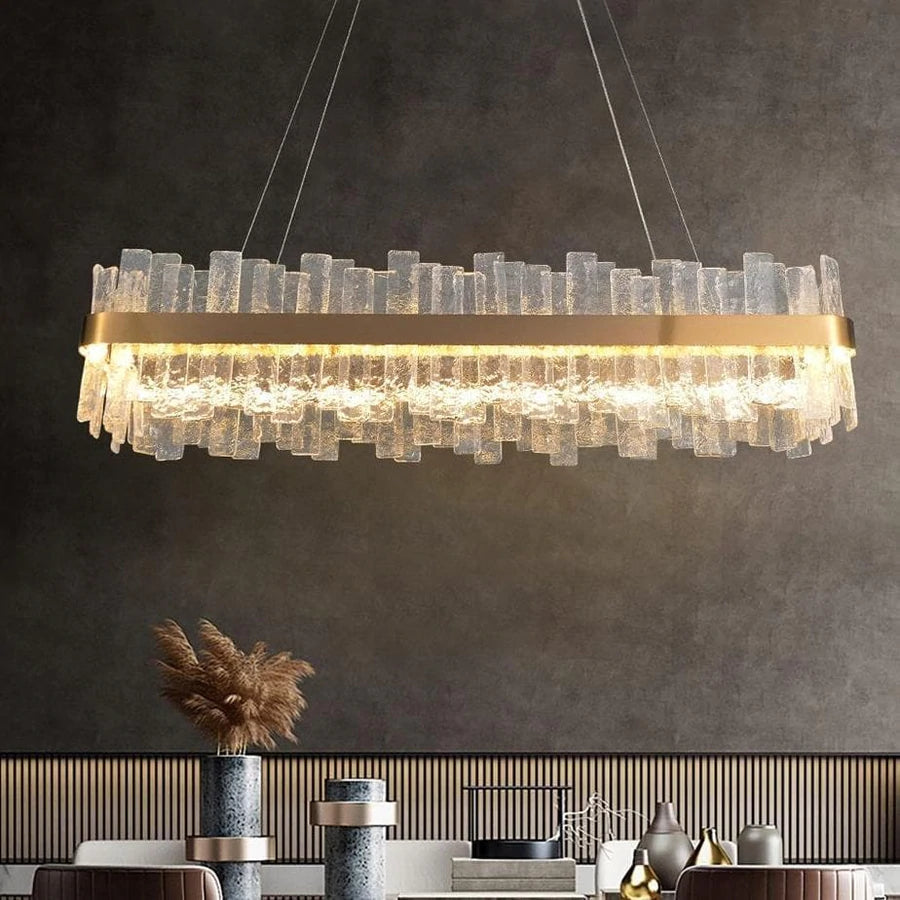 Riviko Radiant Prism Rectangular Chandelier - grand American foyer with two-story ceiling