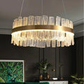 Riviko Radiant Halo Round Chandelier - American transitional great room with cathedral ceiling