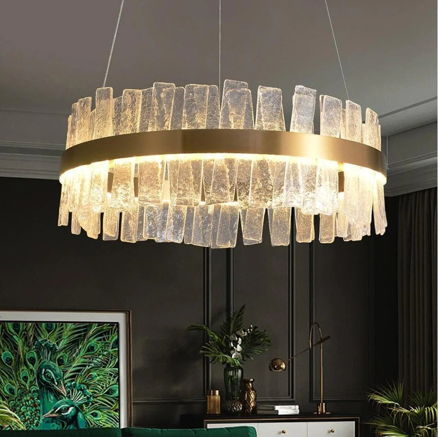 Riviko Radiant Halo Round Chandelier - elegant American entryway with arched doorway