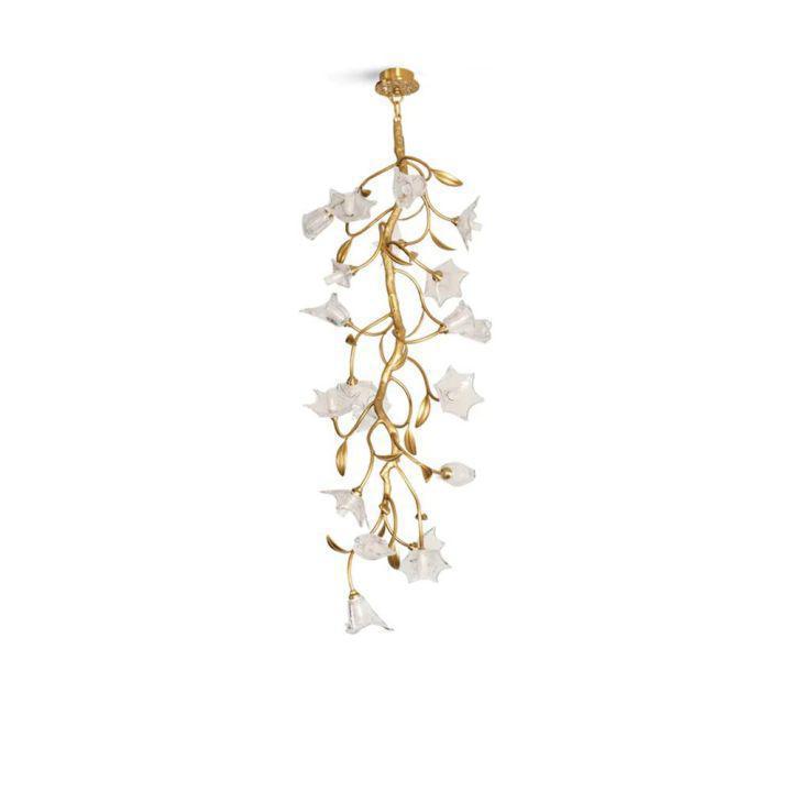 Riviko Botanical Bloom Brass Chandelier - dramatic American stairwell with soaring ceiling