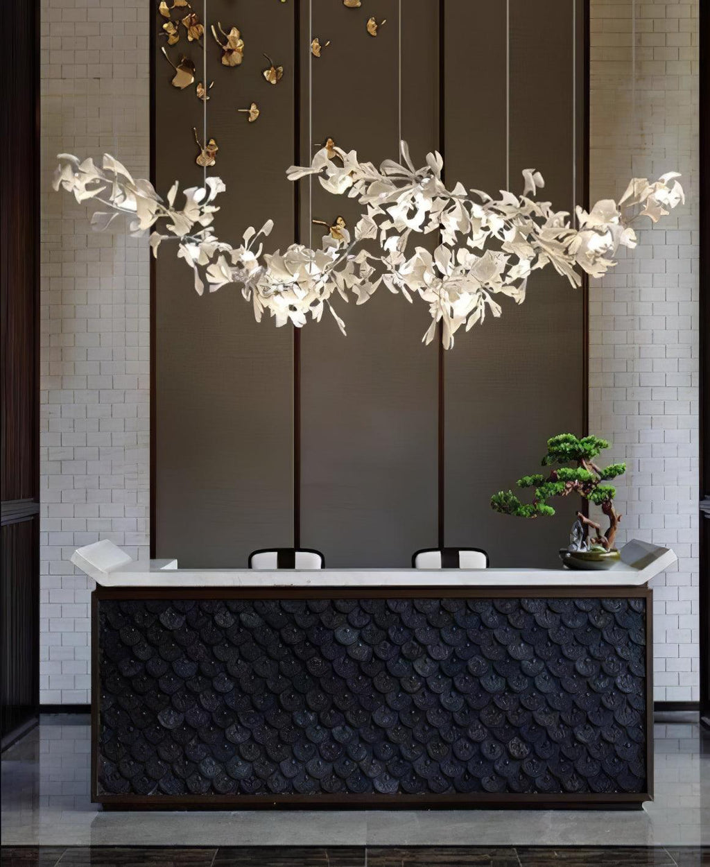 Double Layer Combination Gingko Ceramic Branch Chandelier