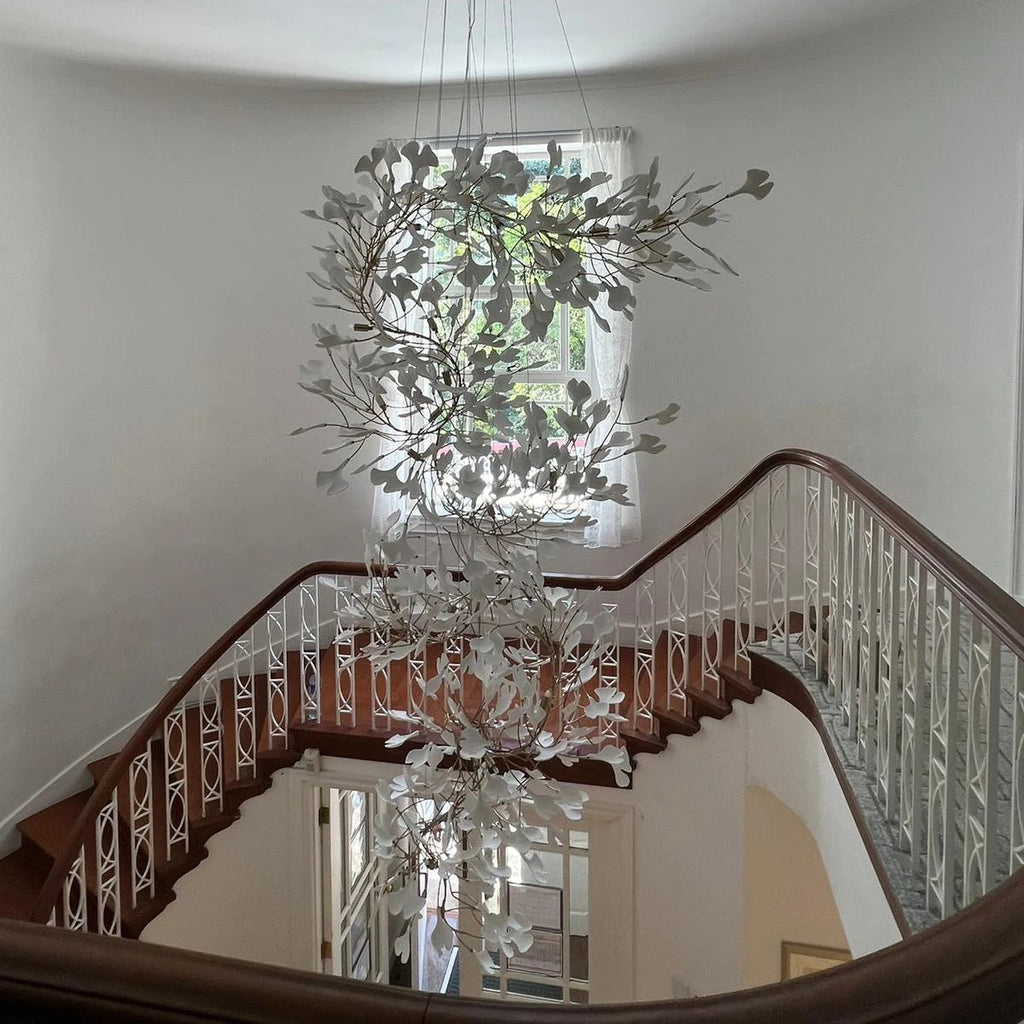 Artistic Tree Branch Pendant Light with Ceramic Ginkgo Leaves for High Ceilings in Hotel or Home - Riviko