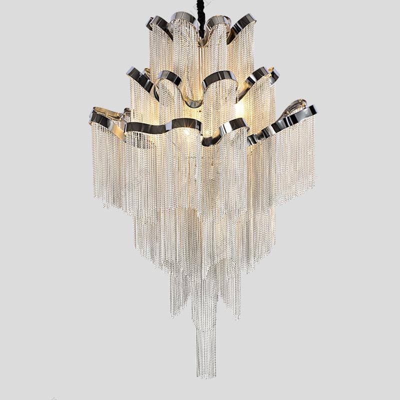 Riviko Radiant Cascade Aluminum Chain Tassel Chandelier - elegant American entryway with arched doorway
