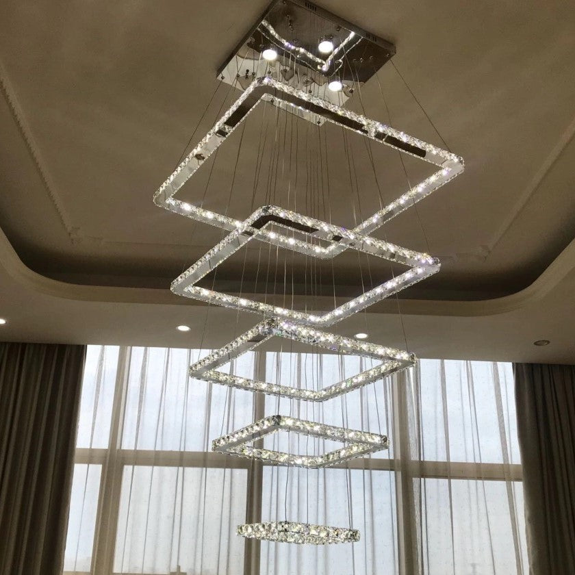 Modern Floating 5/6-tier Square Crystal Chandelier for High-ceiling