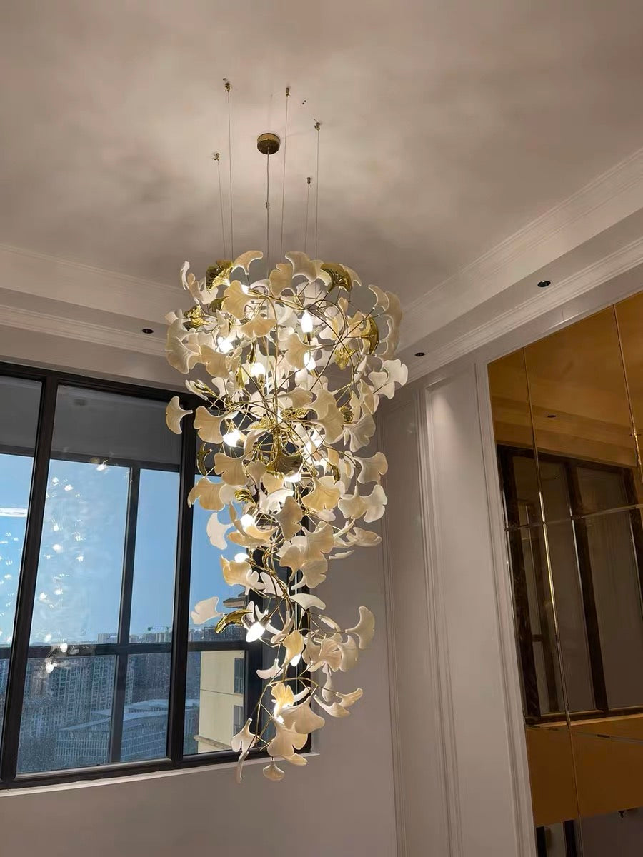 Artistic Tree Branch Pendant Light with Ceramic Ginkgo Leaves for High Ceilings in Hotel or Home - Riviko
