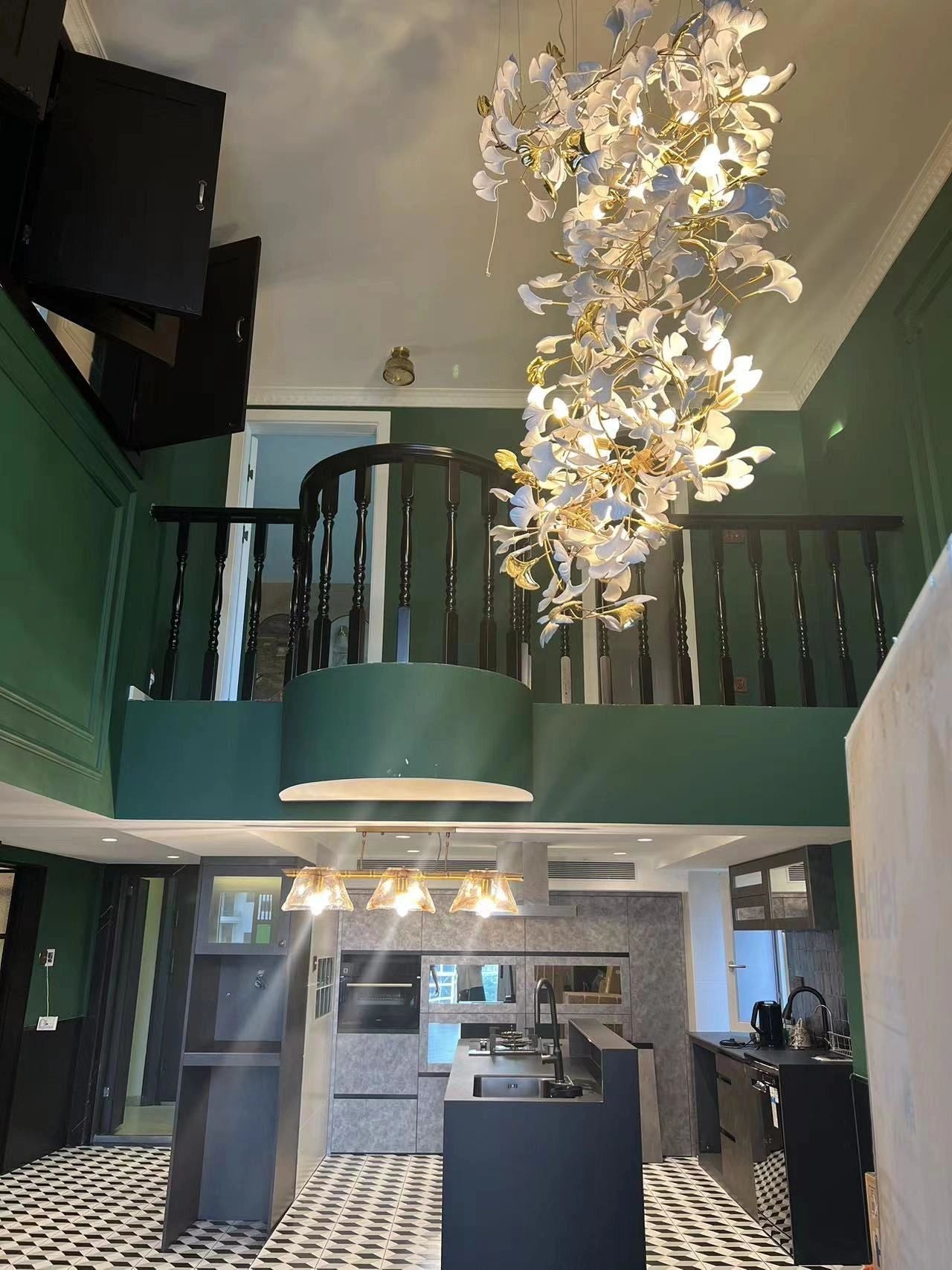 Artistic Tree Branch Pendant Light with Ceramic Ginkgo Leaves for High Ceilings in Hotel or Home - Riviko